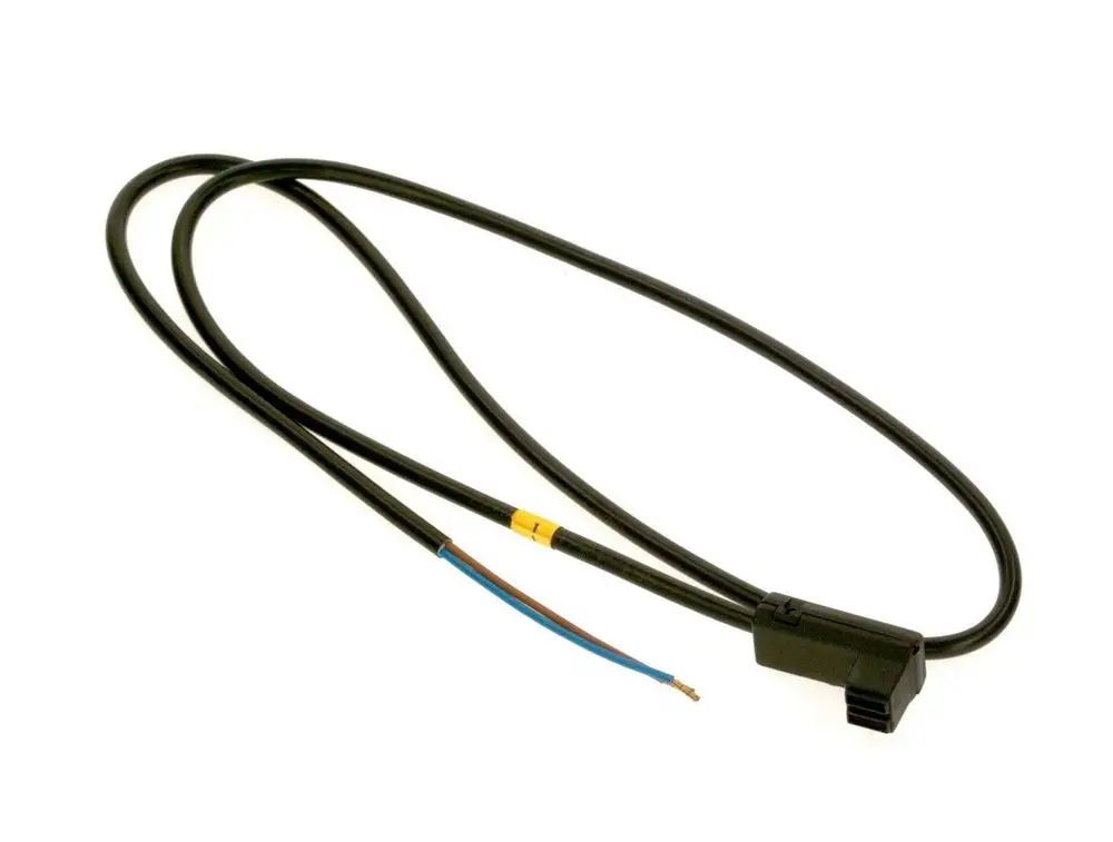 Schwarze Anschlussleitung mit einem Stecker und zwei freiliegenden Drähten in blau und braun, geeignet für eine Anwendung von Bosch.